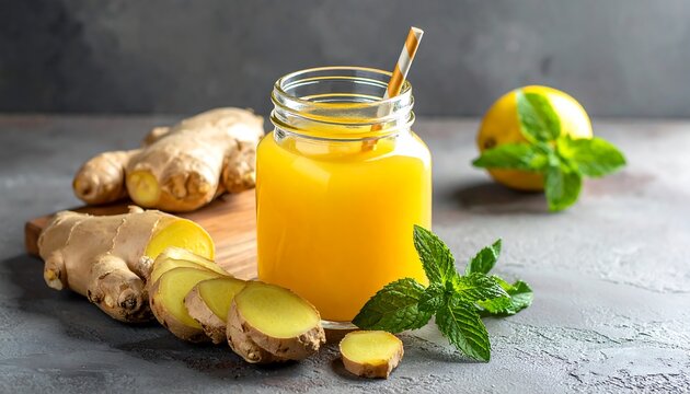 Refreshing ginger juice in a jar with straw, lemons, and mint on a wooden board. Whole ginger root, slices, and a yellow drink - Powered by Adobe