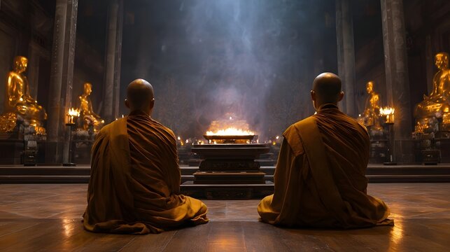 Two monks meditating at a sacred altar with flames in an ancient Buddhist temple with golden statues - Powered by Adobe