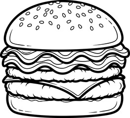 Vector outline icon of a fast food burger, isolated on white background, coloring page.