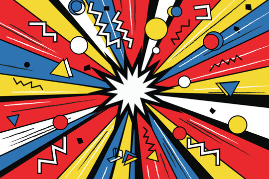 Dynamic retro comic pop art explosion background with vibrant primary colors and geometric shapes, a bold abstract illustration for energetic designs.