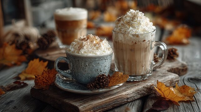Charming fall café table with hot drinks whipped cream and iced coffee cozy autumn mood