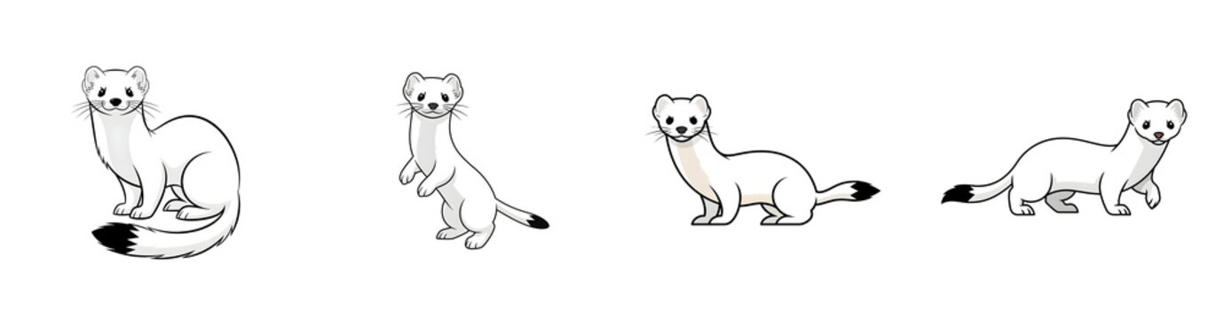 Four cartoon stoats in various poses illustrating different actions and body language transparent background