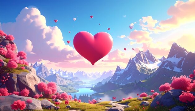 Romantic landscape with floating heart balloons, cherry blossoms, mountains, blue sky, and soft clouds. A beautiful love-themed illustration
