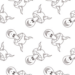 Seamless pattern with groovy devil mushroom with smiling face and horns on white background in groovy line art style.