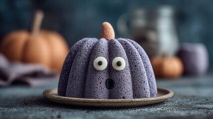 Halloween dessert pumpkin bundt cake with purple icing dripping on grey background festive treat