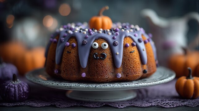Halloween dessert pumpkin bundt cake with purple icing dripping on grey background festive treat - Powered by Adobe