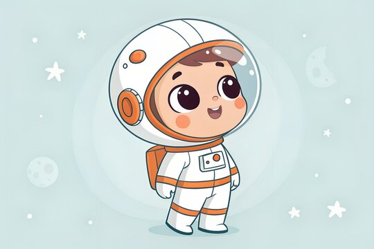 A cute cartoon child astronaut character stands in a white space suit, wearing a helmet, happily looking up at the stars.