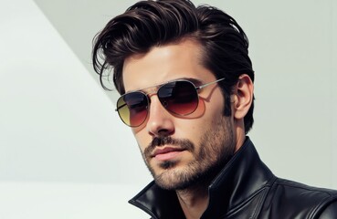 Obraz premium A stylish man wearing sunglasses and a leather jacket with a confident expression