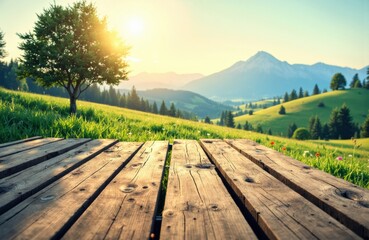 Fototapeta premium Sunlit landscape with wooden deck, lush green hills, trees, and mountain backdrop at sunrise