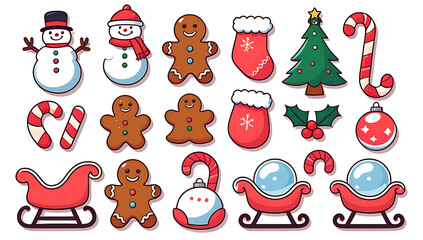 Naklejka premium Christmas Holiday Cartoon Vector Set Featuring Snowmen Gingerbread Men and Festive Decorations for a Happy New Year