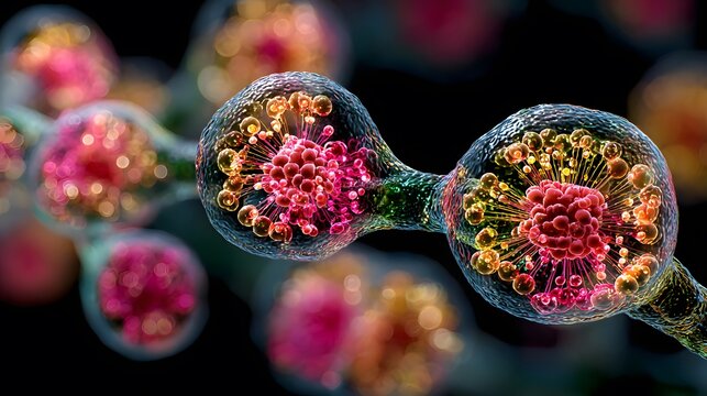 Microscopic view of conidia spores on a hypha, illustrating fungal reproduction.