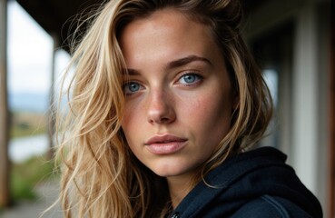 Close-up of a young woman with blonde hair and blue eyes looking directly at the camera
