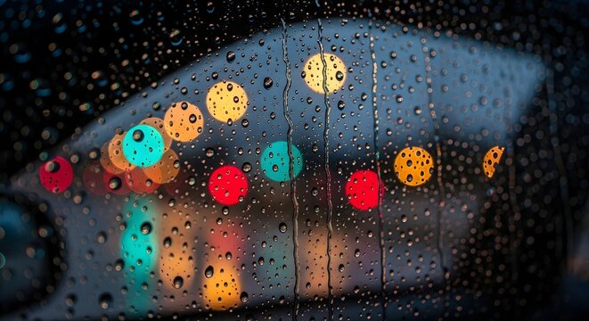 Rainy night street view through car window with bokeh lights - Powered by Adobe
