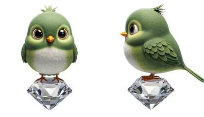 Fototapeta premium Cute green bird standing on crystal gem isolated on transparent background PNG