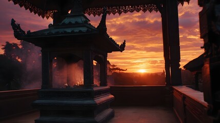 Obraz premium Ornate ancient shrine with glowing incense smoke against a vibrant crimson sunset
