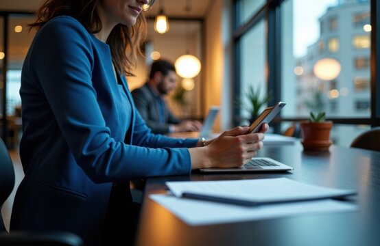 Woman using smartphone in modern office setting with colleagues working in background