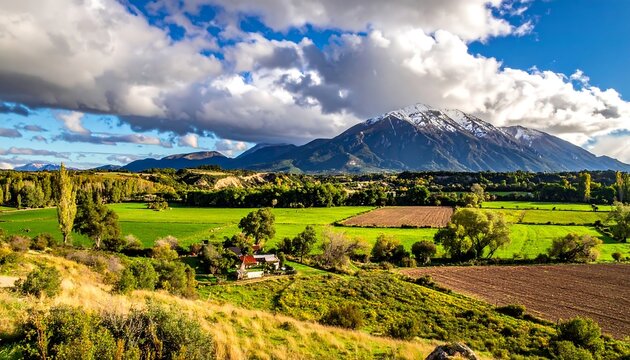Scenic landscape featuring a snow-capped mountain under a cloudy sky, with green fields and trees in the foreground