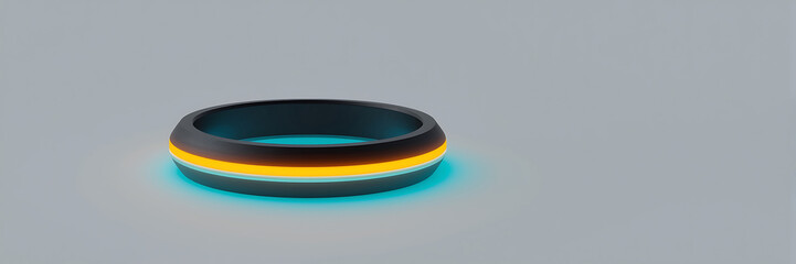 Futuristic glowing ring object with vibrant orange and cyan light stripes