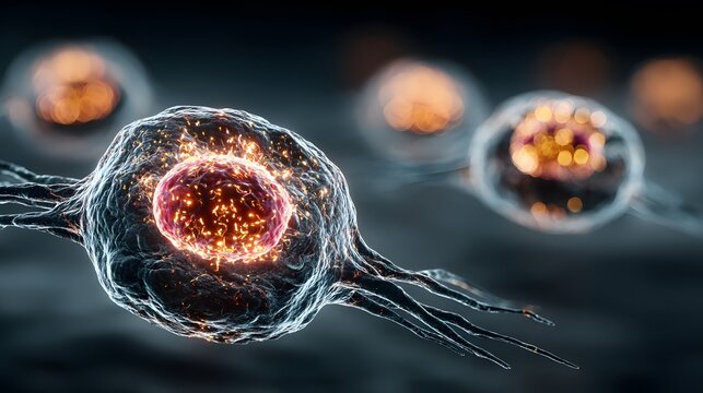 Microscopic view of glowing biological cells in a dark background.