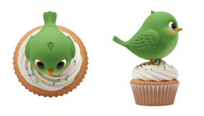 Cute green bird standing on cupcake with cream topping isolated on transparent background PNG
