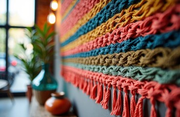 Obraz premium Colorful woven wall hanging with textured patterns and tassels in a cozy interior setting