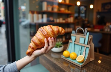 Woman holding a croissant in a cozy cafe setting with fresh lemons and a decorative wooden box on the table