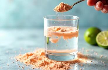 Woman pouring pink salt into a glass of water with lime in the background