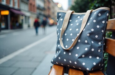 Woman's polka dot tote bag resting on a park bench in an urban setting