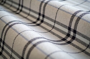 Close-up of plaid fabric with black and gray lines on a light background showing soft folds and texture