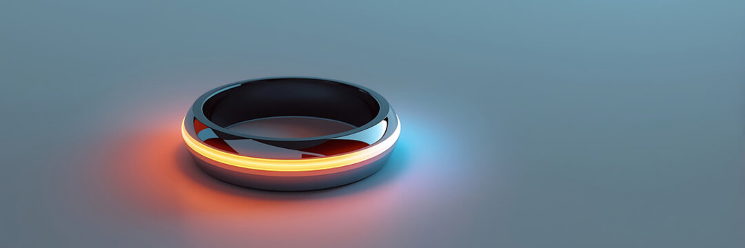 Futuristic smart ring glowing vibrant orange and blue on clean modern surface