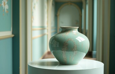 Elegant ceramic vase with a glossy finish placed on a white pedestal in a luxurious interior setting