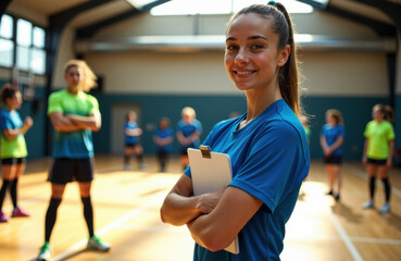 Woman coach smiling in sports gym with team of female athletes in background