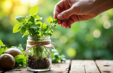 A woman planting a young green sprout in a glass jar with soil and twine on a wooden surface