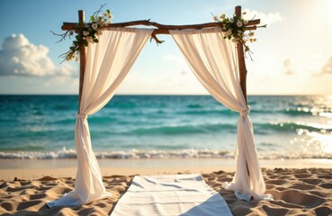 A wedding arch with flowing white curtains on a sandy beach during sunset