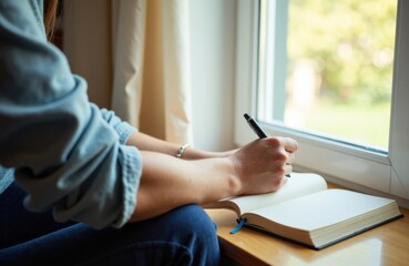 Woman writing in notebook by window with natural light creating a calm workspace atmosphere