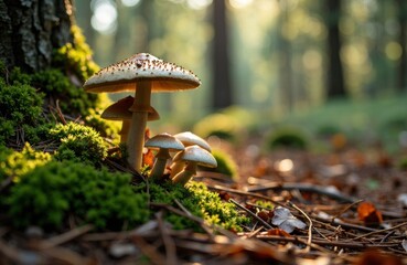 Group of mushrooms growing on moss-covered forest floor in natural woodland setting