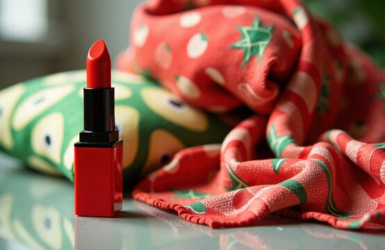 Red lipstick standing upright on a reflective surface with festive holiday fabric in the background
