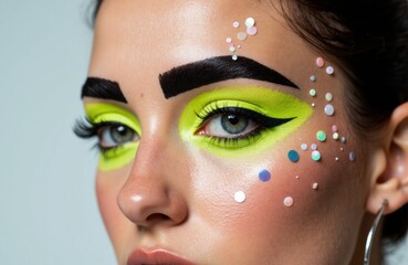 Vibrant makeup with neon yellow eyeshadow and decorative rhinestones on a woman's face
