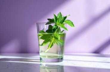 Woman holding fresh mint leaves in a glass of water on a pastel purple background