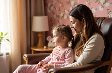 Woman with young girl sitting together on a cozy armchair in a warmly decorated living room