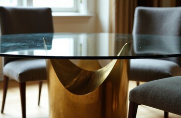 Glass-top dining table with a unique gold-colored base and surrounding upholstered chairs in a well-lit room
