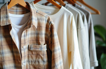 Casual plaid shirt hanging alongside plain white shirts on wooden hangers