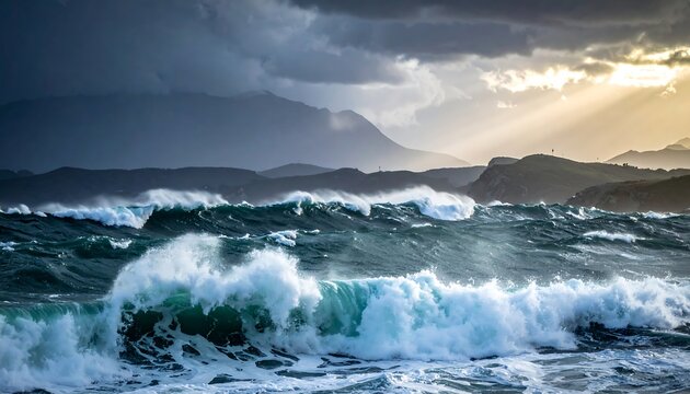 Powerful waves crash against a rocky coast under a stormy, dramatic sky. Sunbeams pierce the clouds