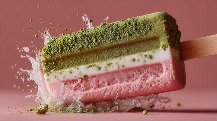 Bright pink and green melting popsicle, summer macro shot