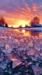 Frozen Ice Crystals Reflecting Sunset Colors