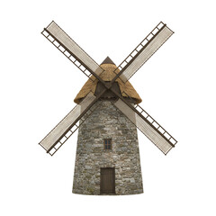 Traditional stone windmill with a thatched roof isolated on transparent background