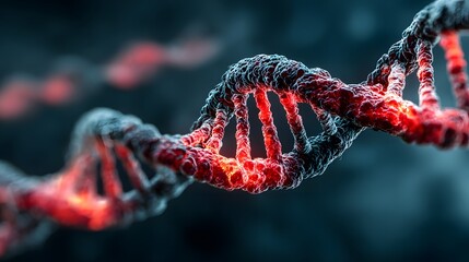 Glowing red DNA helix spins in dark background with shallow depth of field.