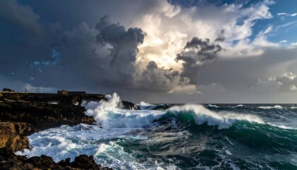 Powerful waves crash against a rugged, dark coastline under a dramatic, stormy sky, illuminated by a patch of sunlight