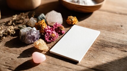 Crystals And Dried Flowers On Wooden Table