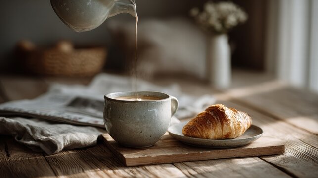 person pouring cacao into a ceramic mug